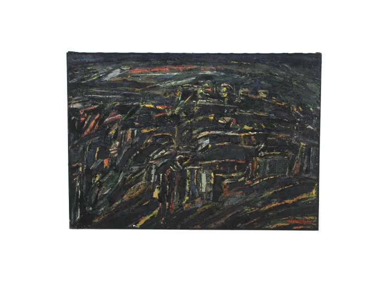 Claude Jouhanneau abstract composition, 1983, oil and mixed media on canvas, dark textured abstract painting with layered brushstrokes, SKU IB07293.