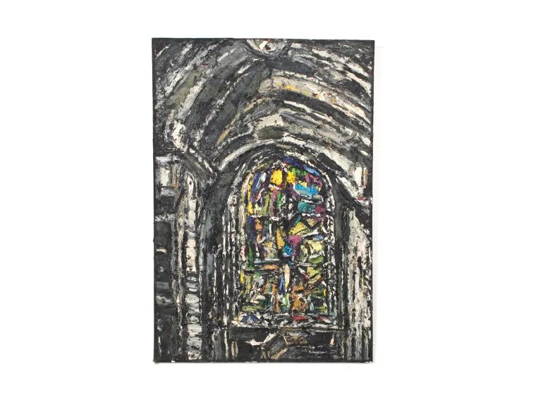Claude Jouhanneau, The Church, IB07296: abstract painting of a church interior with dark arches and a colorful central window.