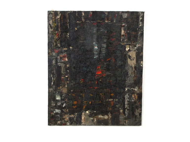 Claude Jouhanneau oil on canvas abstract composition, SKU IB07303; dark textured painting with black, gray and red accents.