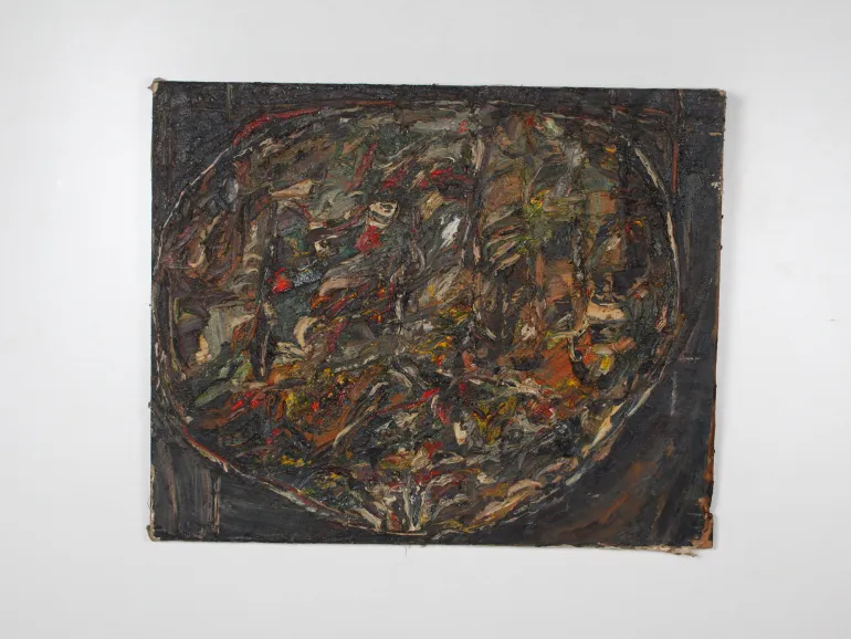 Claude Jouhanneau, SKU IB07310, abstract sand-technique painting with dark textured brushstrokes and red, yellow, and brown accents.