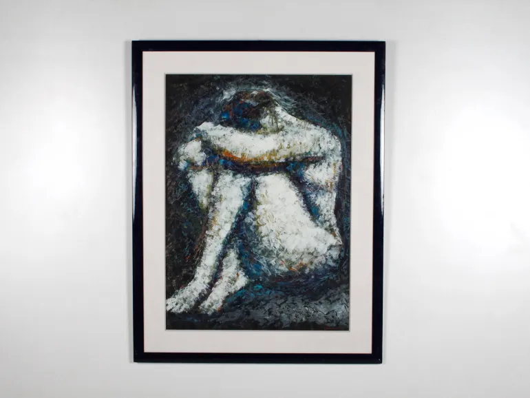 IB07320, gouache de Reza Yahyaei représentant une femme nue assise, encadrée au mur.