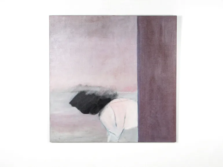 François Xavier Marange abstract composition, acrylic on canvas, with purple hues and a dark form; SKU IB07332.