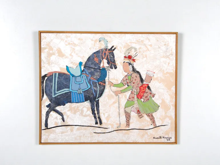 Sunita Kumar, IB07341: framed oil painting of an Indian knight beside a horse, signed 2008.