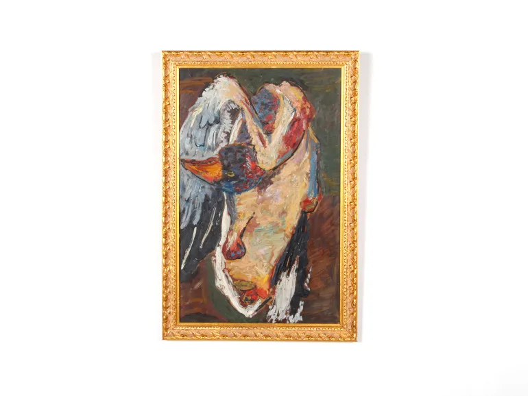 IB07385، جان بيسنارد، لوحة على الماسونيت لطبيعة صامتة مع بطة، معروضة في إطار خشبي ذهبي.
