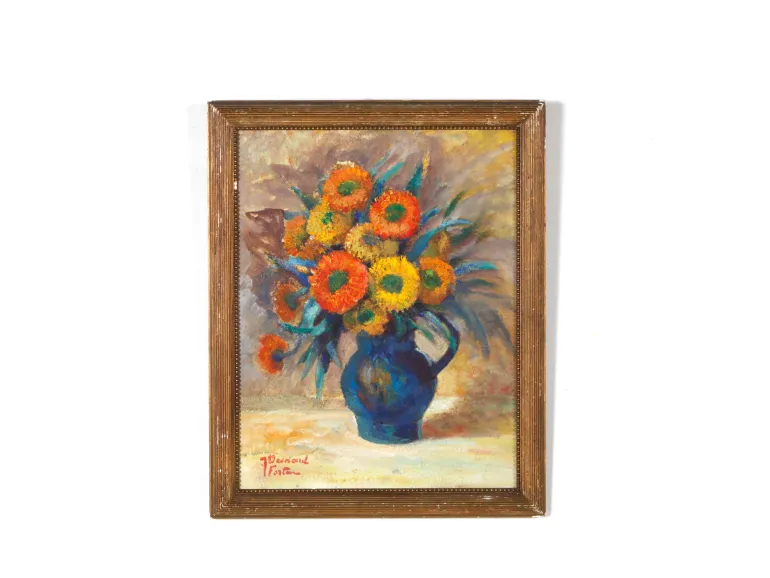 IB07387, Jeanne Besnard-Fortin, framed oil painting of a blue vase with orange and yellow flowers on a white background.