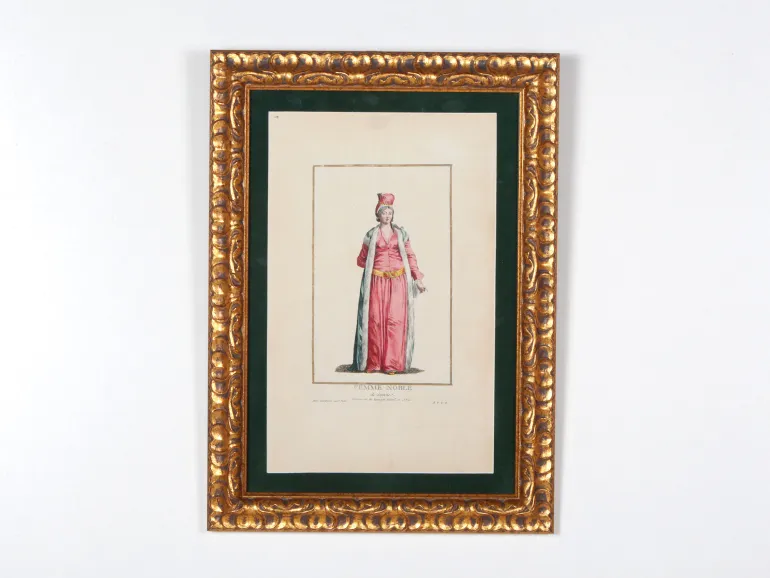 IB07426, watercolor engraving by Louis-François-Sébastien Fauvel, showing a woman in pink dress in an ornate gilded wooden frame.