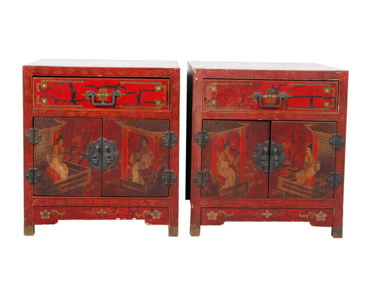 IB07441 Pair of 19th century Japanese red lacquer corner tables with drawer and double doors, decorated with geisha and flowers.