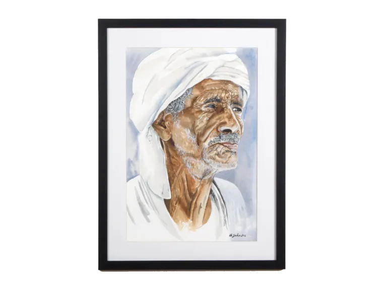 شربل صادر، لوحة مائية «Tradition» IB07552، بورتريه لرجل عجوز بغطاء رأس أبيض، مؤطرة.
