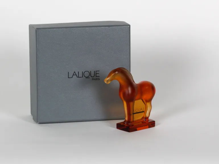 Lalique crystal standing horse sculpture in amber, with box, SKU IB07728.