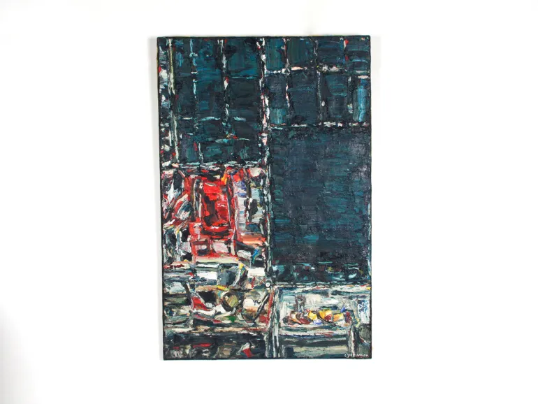 Claude Jouhanneau oil on canvas, IB07799, abstract composition with dark blue, red and white textured brushstrokes.