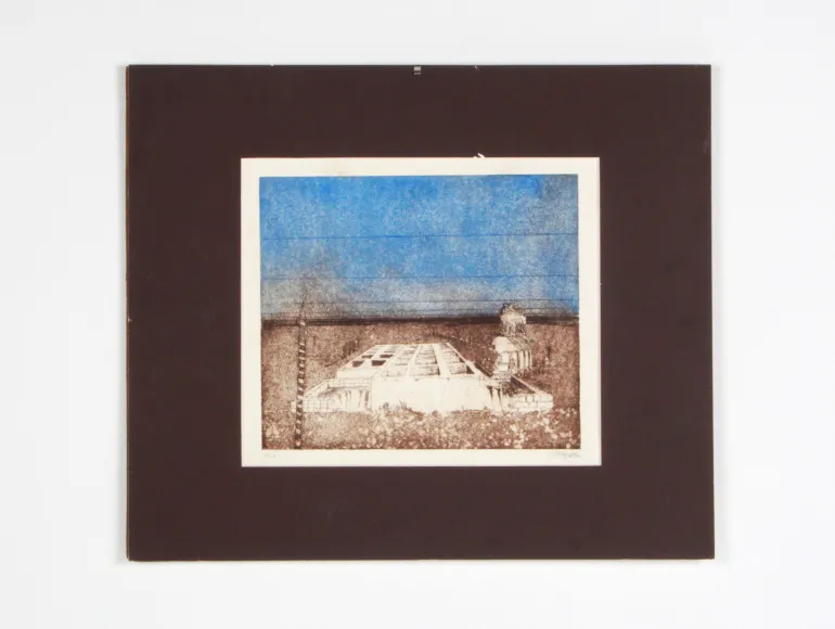 Lithographie de Martin Giesen, SKU IB08448, montrant des ruines antiques sous un ciel bleu, épreuve signée.