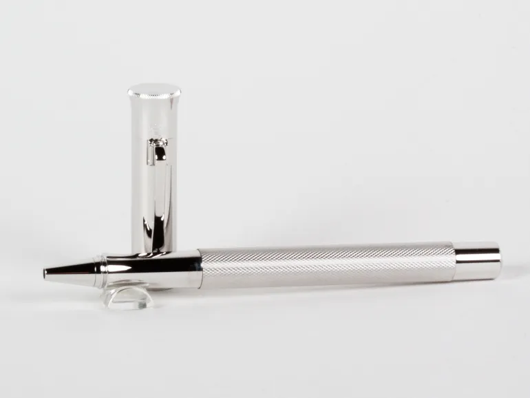 Faber Castell Barley Rhodium Classique roller pen, SKU IB08548, shown in silver with textured barrel and cap.