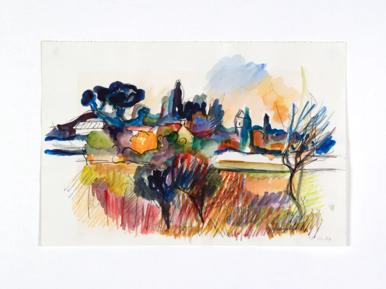 Jean Marzelle, IB08772: watercolor landscape of St Rémy with colorful abstract trees and buildings on paper.