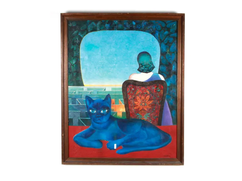 Ksenia Milicevic, Le Soupir du Maure, IB08775: framed painting of a blue cat in front of a seated woman, with an Art Nouveau-style composition.
