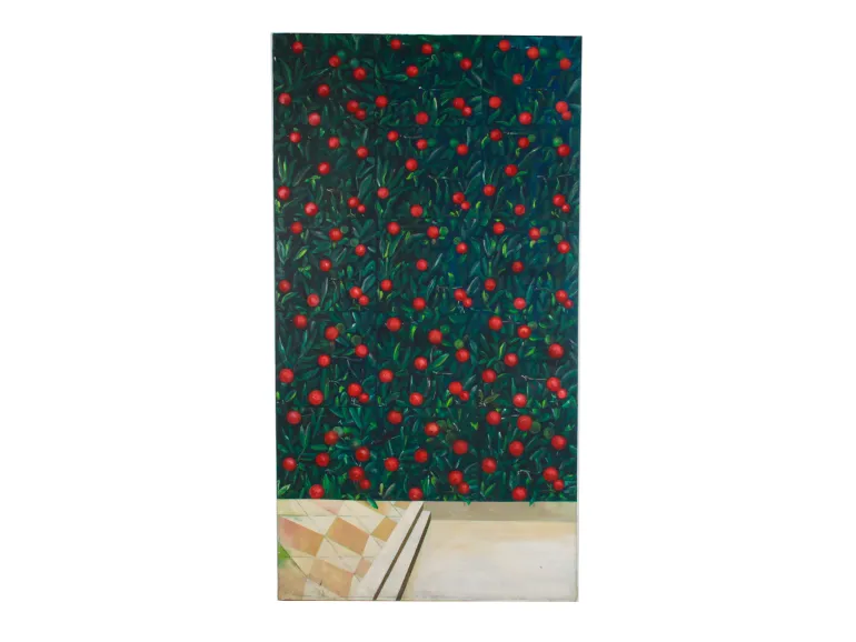 Ksenia Milicevic, "Parabolas" (SKU IB08776): abstract oil painting with dense green foliage, red spheres, and a geometric tiled section at the bottom.