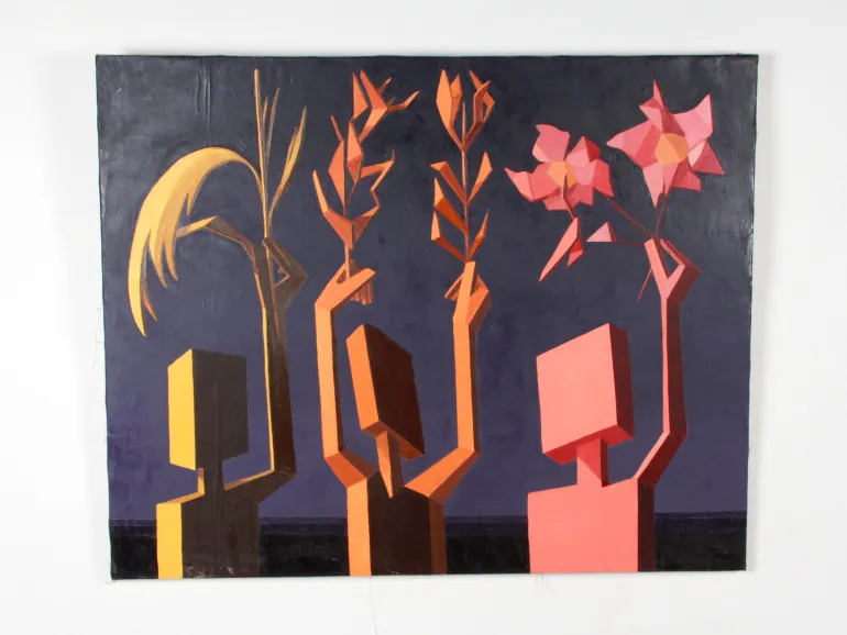 Andrée Pollier, Geometric Composition, IB08823: abstract floral geometric painting with stylized pink, orange, and yellow forms on a dark background.