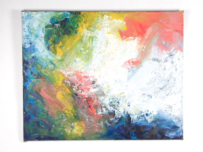 Cedric Figue-Henric, IB08864 : peinture abstraite à l’huile avec larges touches de bleu, vert, jaune, rouge et blanc.