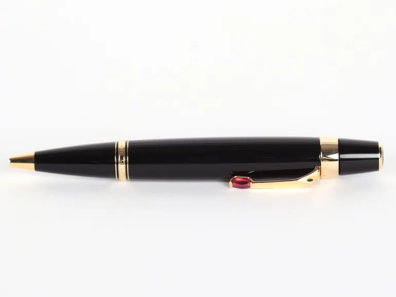 Montblanc Pens & Accessories Bohème ballpoint pen, SKU IB09246, black resin with gold trim and red crystal clip.