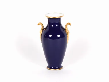 Limoges Porcelain vase, SKU IB00971, dark blue two-handled vase with gold trim on a white background.