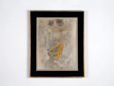 SKU IB01253, Pascale Delory abstract composition painting in a black and gold frame, with muted beige and gray tones and a small orange area.