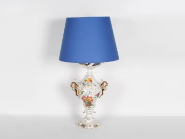 Meissen Porcelain IB01424 lamp base with blue shade, floral painted porcelain and dragon-shaped handles.