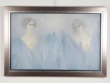 IB01858, peinture de Vladimir Tchernychev dans un cadre en bois argenté, montrant deux femmes pâles dans un brouillard bleu.