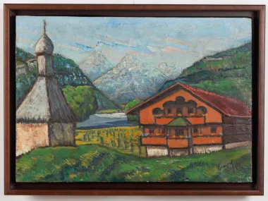 SKU IB01892, huile sur toile de Lucien Beaujard montrant un chalet de montagne, des maisons alpines et des sommets enneigés, encadrée.