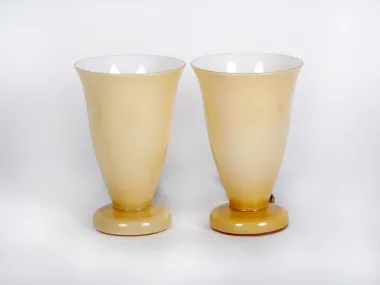 Pair of Art Deco opaline glass vase-shaped lamps, France, circa 1930, SKU IB02466.