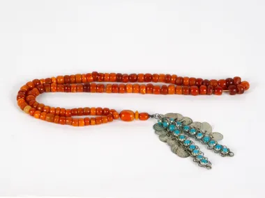 Masbaha rosary, SKU IB03642, with orange amber beads and silver turquoise pendant on a white background.