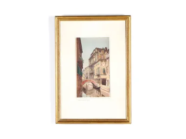 IB04329 aquarelle du Palais Widman à Venise, encadrée or, montrant un canal et des bâtiments.