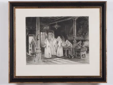 IB04385 lithograph "Les Religieuses" showing nuns working in a monastery kitchen, displayed in a gilded wooden frame under glass.