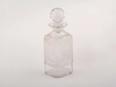 Crystal whiskey decanter with faceted spherical stopper, cut and granulated glass, France, early 20th century, SKU IB04466.