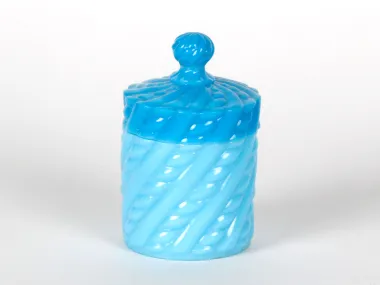 IB05052: blue opaline covered trinket box with molded spiral stripes, shown on a white background.