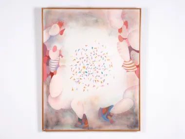 Armando Villagran, Explosion, IB05164 : peinture abstraite encadrée aux formes pastel et fragments colorés sur fond blanc.