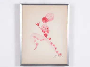 IB05271, Juliana Seraphim, "Femme Fleur" watercolor in a silver metal frame, showing a pink abstract floral figure on a cream background.