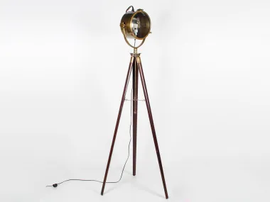 Eichholtz Shippers floor lamp, SKU IB05627, with tripod wooden base and copper light casing shown on a white background.