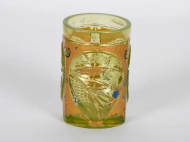 Crystal Bohemia glass gobelet, SKU IB06180, yellow-green cut crystal with painted and gilded floral and leaf decoration.