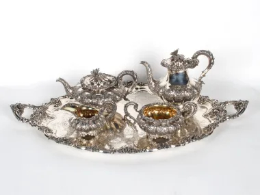 IB06223 by Rebecca Emes & Edward Barnard: George III sterling silver and vermeil tea set with ornate tray, teapot, kettle, sugar bowl and creamer.