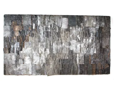 Claudie Hunzinger, IB07213: mixed-media artwork of layered ash-gray paper and parchment fragments forming a textured abstract composition.