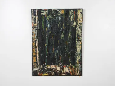Claude Jouhanneau, IB07284, abstract oil and mixed media composition on canvas with dark vertical brushstrokes.