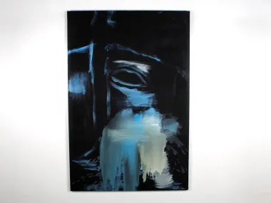 Ronan Barrot abstract composition, blue and black tones on canvas, SKU IB07321.