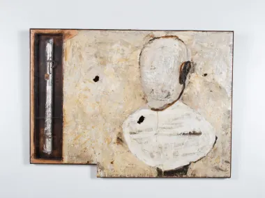 Nam Ki Ho, IB07340: abstract mixed-media painting sculpture with wax, beige textured surface and a vertical silver element.