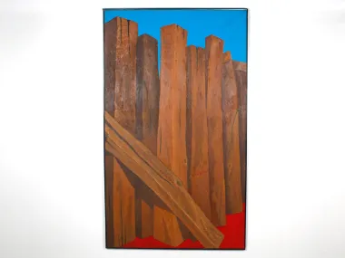 Luc Mertens, SKU IB07420, large acrylic on canvas showing tall brown wooden forms against a blue background with red at the bottom.