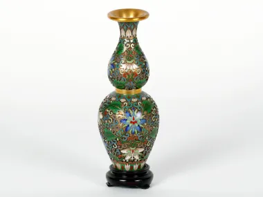 Cloisonné enamel Chinese vase on wooden base, richly floral decorated, SKU IB07508.