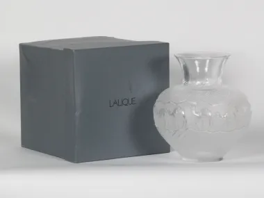 Lalique crystal vase with camel motif, shown with box, SKU IB07717.