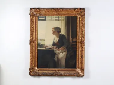 IB08089, Eduard Charlemont painting "La Dentelière" in an ornate gilded frame, showing a woman by a window.