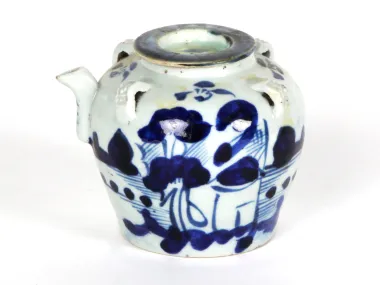 SKU IB08314: Early 19th century Chinese blue-and-white wine jar with four lugs, shown on a white background.