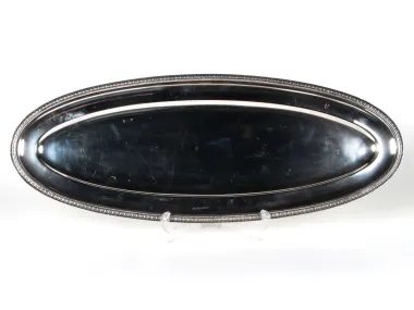 Christofle Gallia oval silver-plated platter, SKU IB08501, shown on a stand.