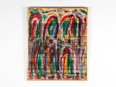 Riad Oueida, SKU IB08743: colorful abstract painting of women, shown in a gilded wood frame.