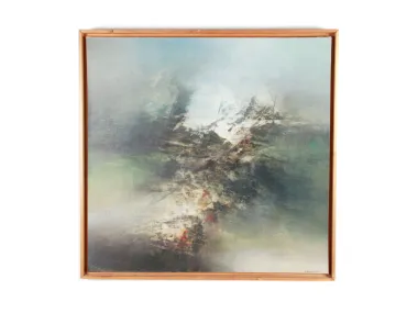 IB08766, Jean-Luc Bourel abstract oil on canvas “Métamorphose” in a wood frame, showing a misty gray-blue composition with dark and white central forms.